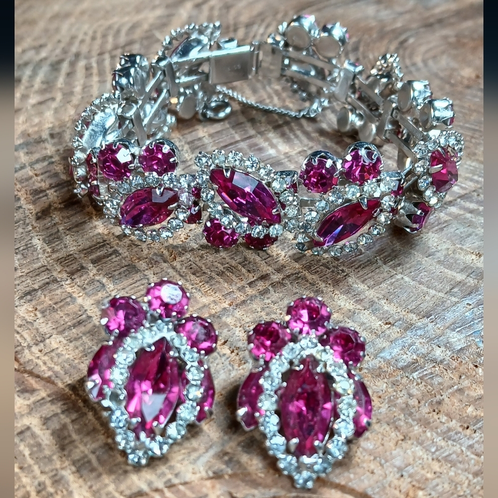 Vintage Weiss Pink Marquise Cut Rhinestone Parur Bracelet Earring Set